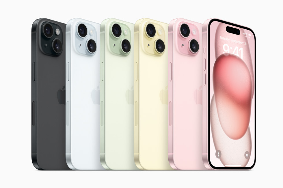 Apple iPhone 15 gamme de couleurs vue avant et arrière